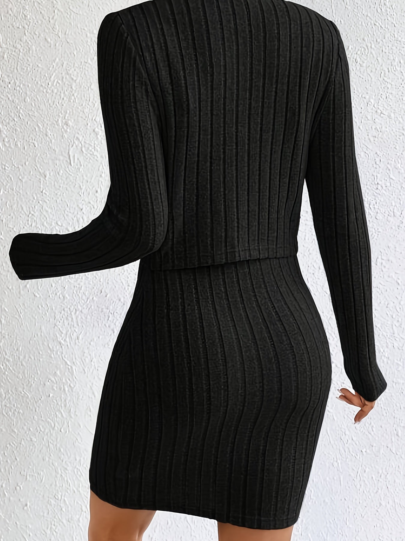 Ribbed Solid Two-piece Set, Button Front Long Sleeve Cardigan & Spaghetti Strap Bodycon Dress Outfits, Women's Clothing