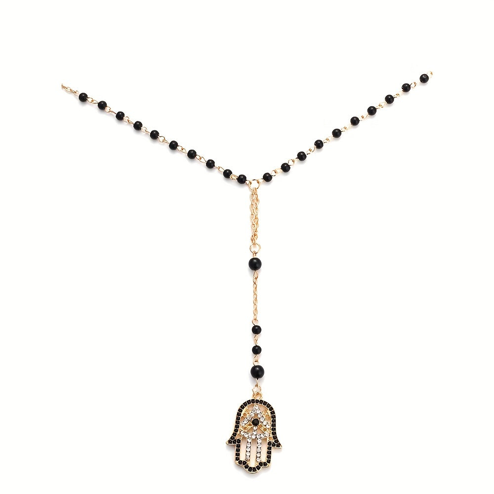 1 Pcs Fatima Hamsa Hand Pendant Necklace For Men., Black Beads Long Chain Evil Eye Necklace For Women And Men, Jewelry Lucky Eye