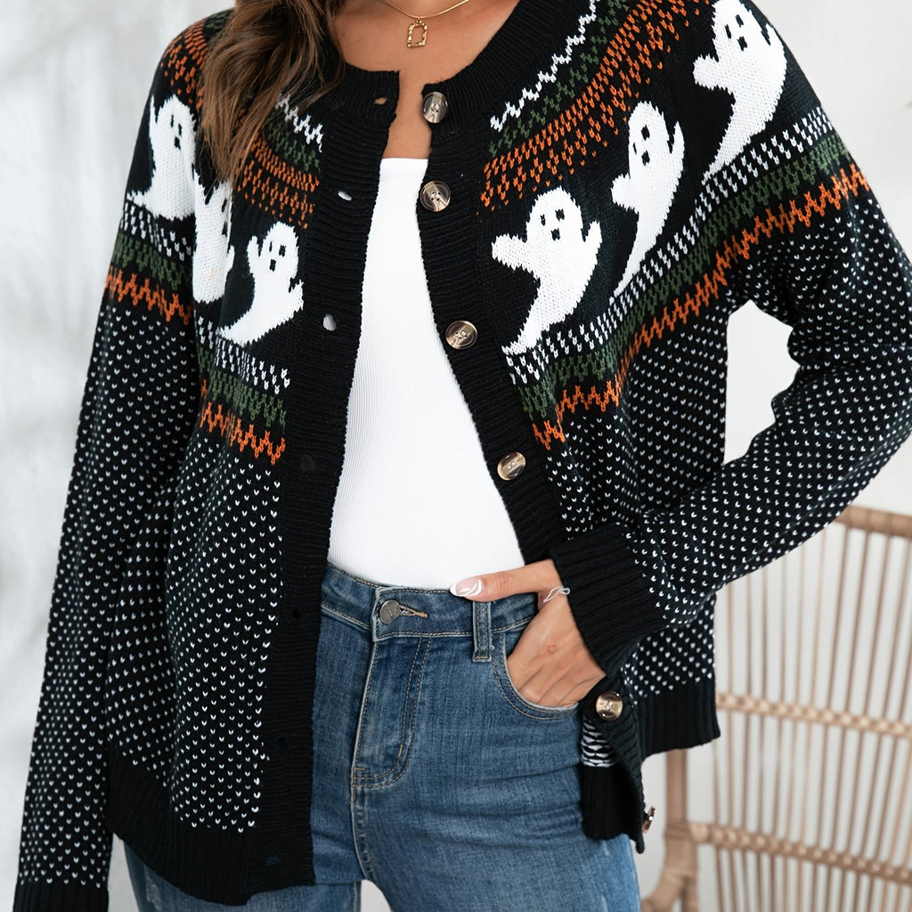 [Halloween] Womens Halloween Ghost Pattern Cardigan Sweater - Soft Knit, Button Down, Vintage Crew Neck, Long Sleeve - Perfect for Halloween, Retro Fashion Staple