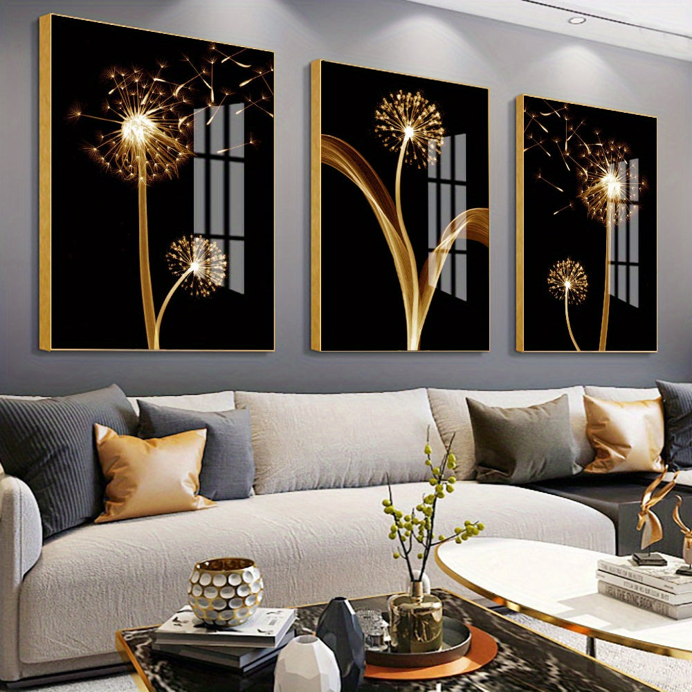 3pcs Golden Abstract Taraxacum Luxury Wall Art Canvas Painting, 15.7*23.6in/40cm*60cm, For Living Room Cuadros Decor, No Frame