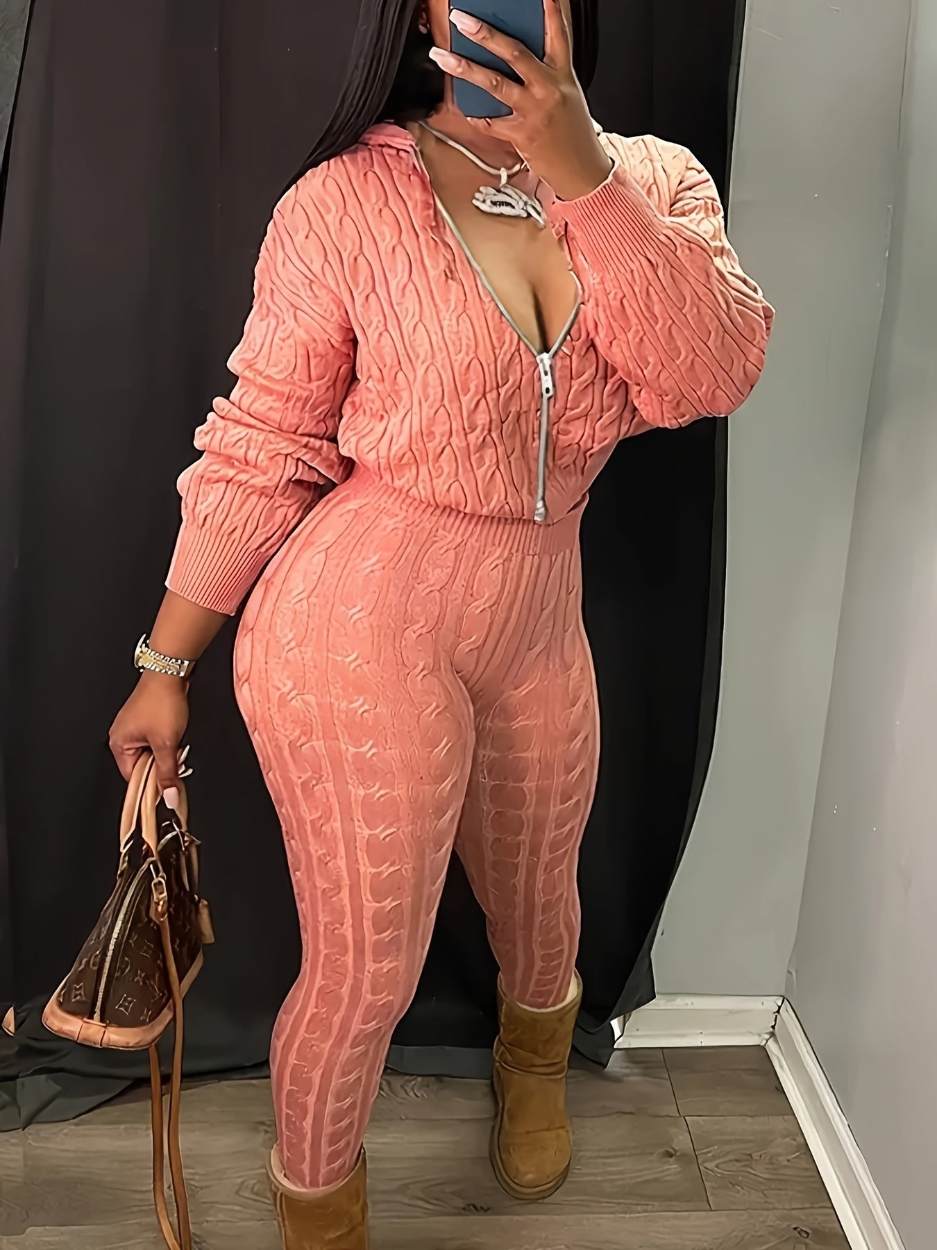 Solid Knitted Two-piece Set, Long Sleeve Zip Up Hooded Cardigan & Elastic Waist Pants Outfits, Women's Clothing
