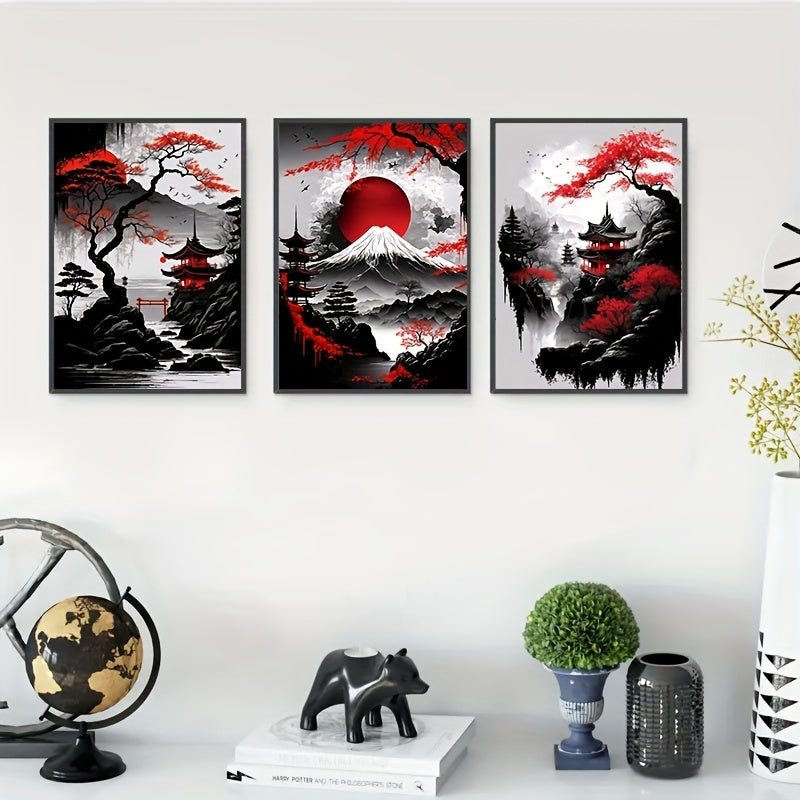 Japanese Natural Landscape Canvas Painting 3pcs - Frameless Black and Red Vintage Ink Art Posters for Living Room Bedroom Home Decor No Frame