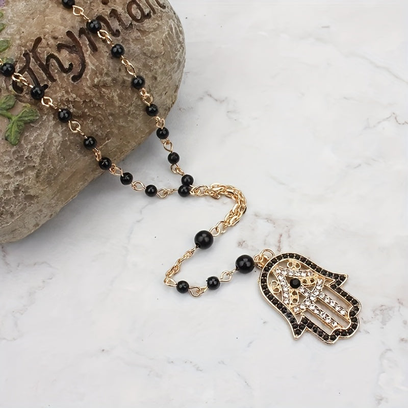 1 Pcs Fatima Hamsa Hand Pendant Necklace For Men., Black Beads Long Chain Evil Eye Necklace For Women And Men, Jewelry Lucky Eye