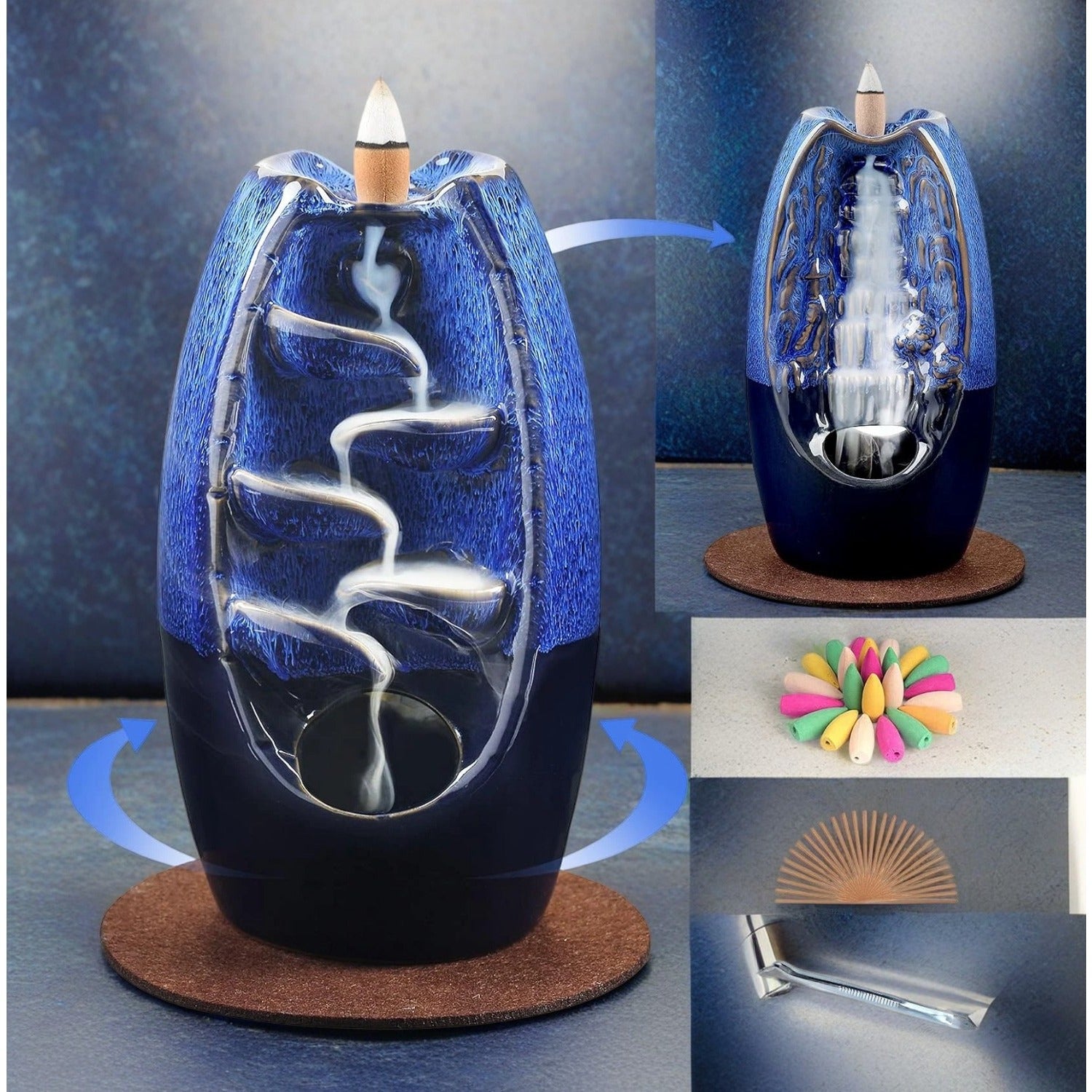 1pc SOLEJAZZ Ceramic Counter Current Incense Burner, Dual-Sided Waterfall Design, 120 Cones & 30 Sticks, Aromatherapy Home Decor, Navy Blue, No Electricity Needed