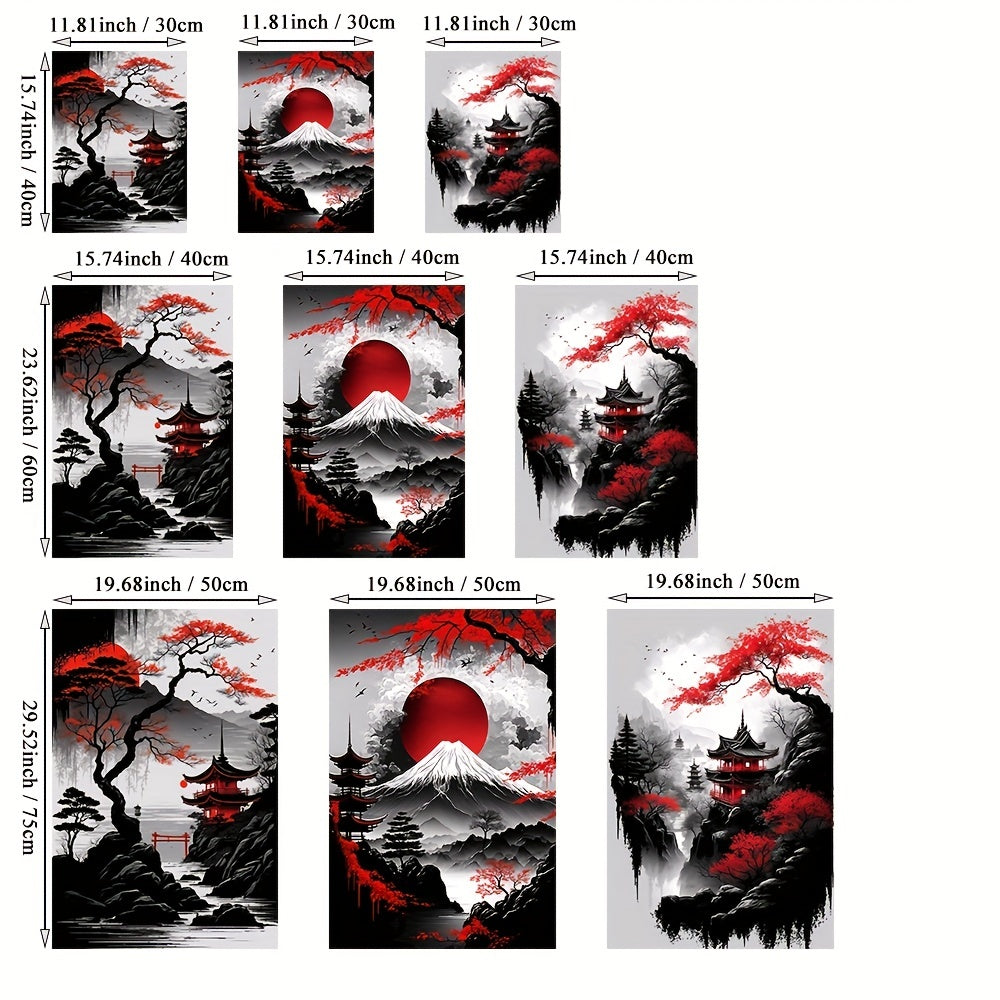 Japanese Natural Landscape Canvas Painting 3pcs - Frameless Black and Red Vintage Ink Art Posters for Living Room Bedroom Home Decor No Frame