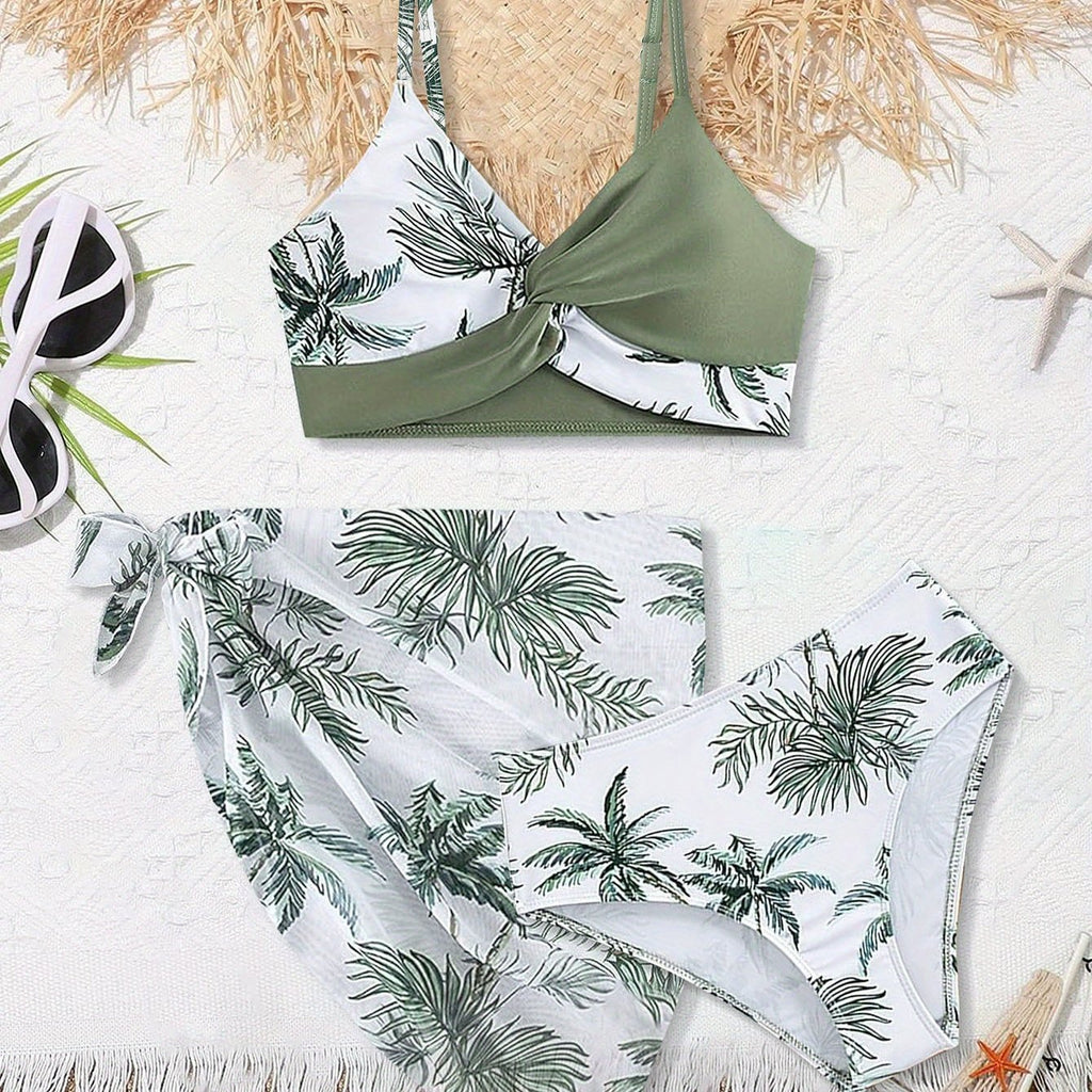 Toddle Girls Swimsuit, Bathing Suits 3 Piece Tropical Floral Twist Cross Bikini Sets Girls' Swimwear With Cover Up Skirt