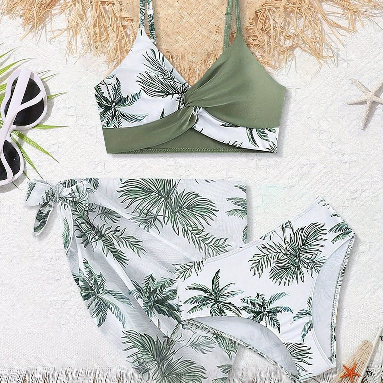 Toddle Girls Swimsuit, Bathing Suits 3 Piece Tropical Floral Twist Cross Bikini Sets Girls' Swimwear With Cover Up Skirt