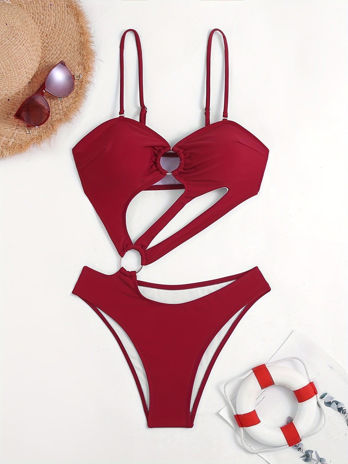 Solid Color Sexy One-piece Swimsuit, Asymmetrical Ring-Linked Cut Out Bathing Suits, Women's Swimwear & Clothing