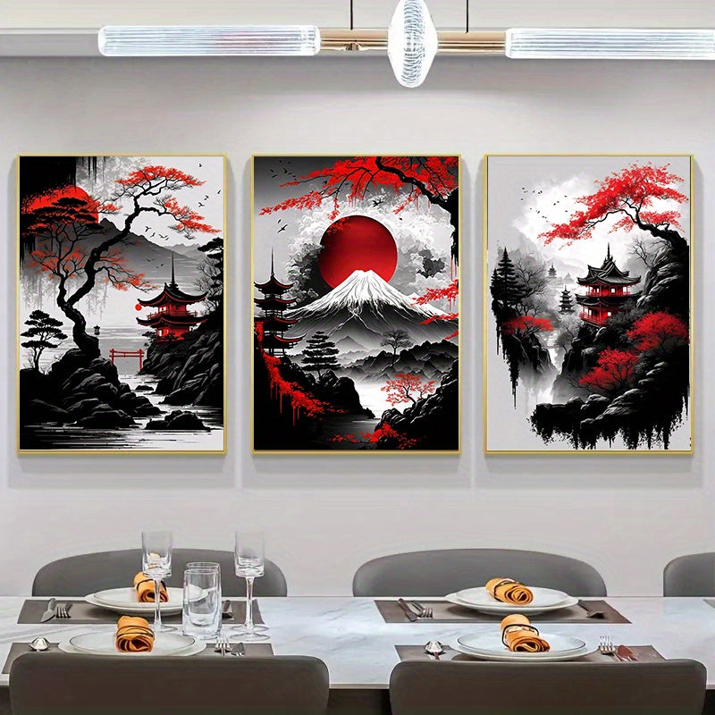 Japanese Natural Landscape Canvas Painting 3pcs - Frameless Black and Red Vintage Ink Art Posters for Living Room Bedroom Home Decor No Frame