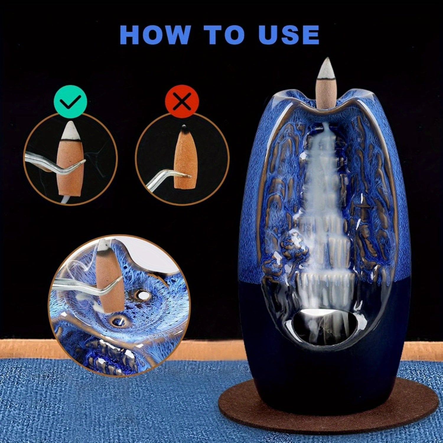 1pc SOLEJAZZ Ceramic Counter Current Incense Burner, Dual-Sided Waterfall Design, 120 Cones & 30 Sticks, Aromatherapy Home Decor, Navy Blue, No Electricity Needed
