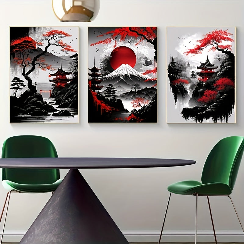 Japanese Natural Landscape Canvas Painting 3pcs - Frameless Black and Red Vintage Ink Art Posters for Living Room Bedroom Home Decor No Frame
