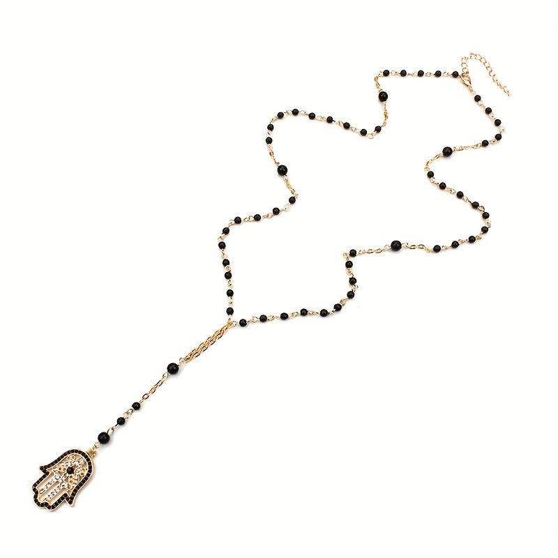1 Pcs Fatima Hamsa Hand Pendant Necklace For Men., Black Beads Long Chain Evil Eye Necklace For Women And Men, Jewelry Lucky Eye