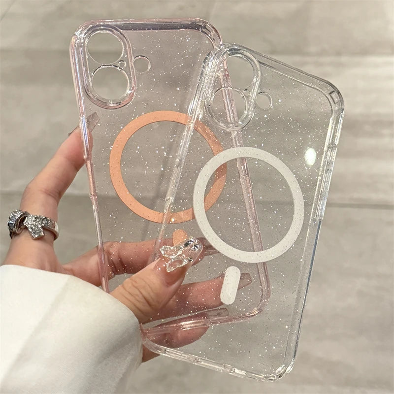 Luxury Glitter Magsafe Transparent Case For iPhone 17 Air 11 12 13 14 15 16 Pro Max Plus Magnetic Wireless Charge Soft Cover
