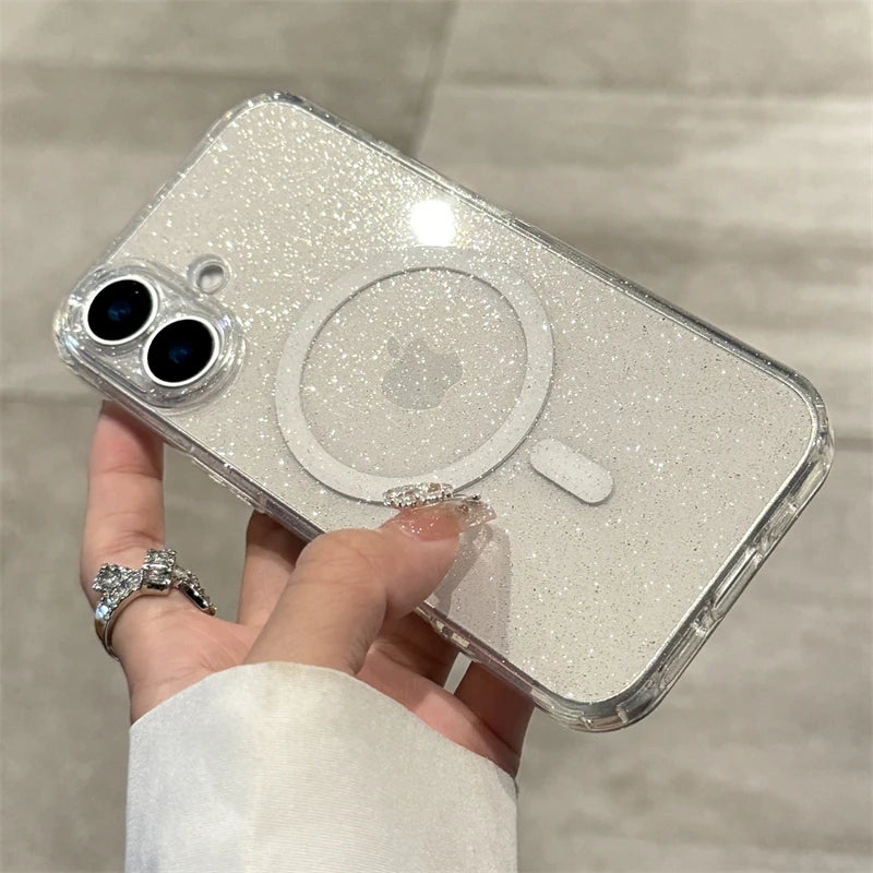 Luxury Glitter Magsafe Transparent Case For iPhone 17 Air 11 12 13 14 15 16 Pro Max Plus Magnetic Wireless Charge Soft Cover
