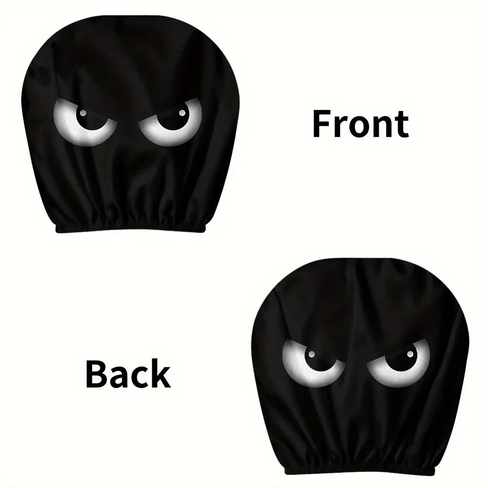 2PCS Funny Slanted Eyes Cartoon Print Car Headrest Cover for Halloween Christmas Holiday Automobile Interior Decoration