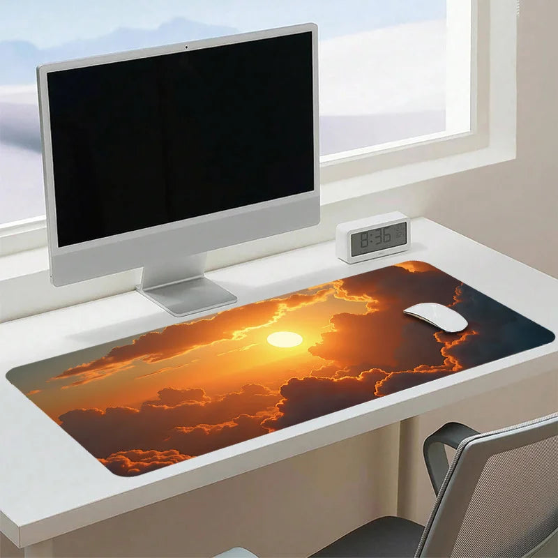 Extra-Large Vibrant Sunset Desk Mat with Aesthetic Clouds | 35.4x15.7 Inch Non-Slip Rubber Base Keyboard Pad | Smooth Surface fo