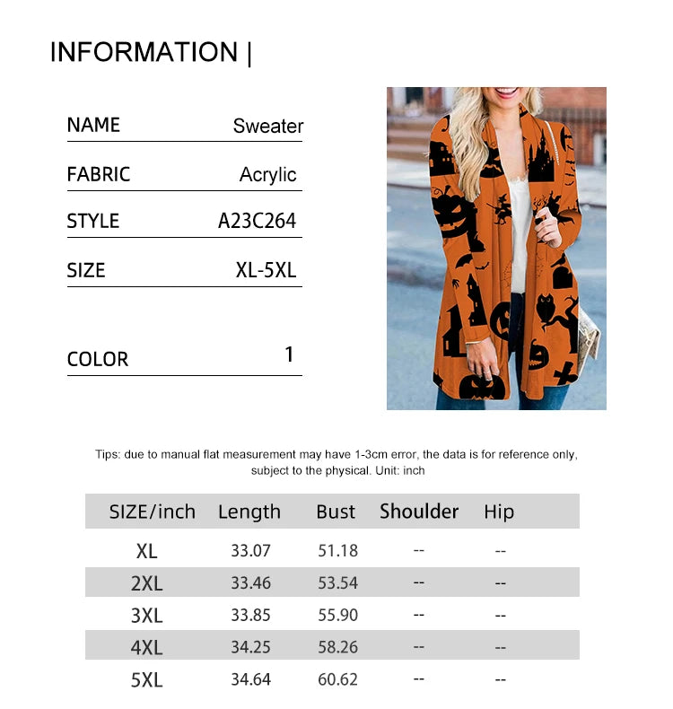 plus Size Women's Halloween Costume Pumpkin Graphic Cardigan Pullover Open Front Button Sweater Outerwear for Autumn