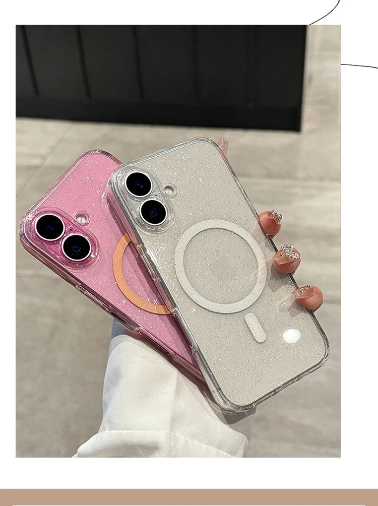 Luxury Glitter Magsafe Transparent Case For iPhone 17 Air 11 12 13 14 15 16 Pro Max Plus Magnetic Wireless Charge Soft Cover