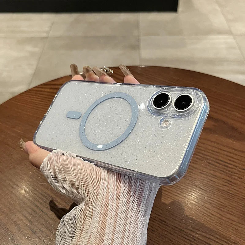 Luxury Glitter Magsafe Transparent Case For iPhone 17 Air 11 12 13 14 15 16 Pro Max Plus Magnetic Wireless Charge Soft Cover