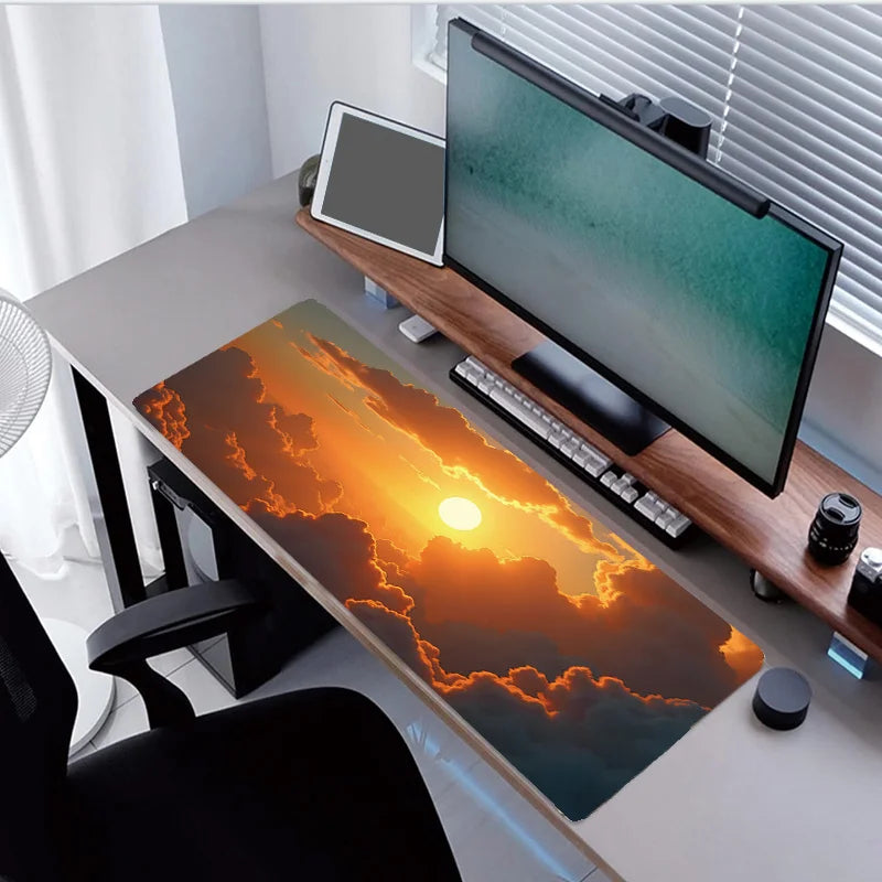 Extra-Large Vibrant Sunset Desk Mat with Aesthetic Clouds | 35.4x15.7 Inch Non-Slip Rubber Base Keyboard Pad | Smooth Surface fo