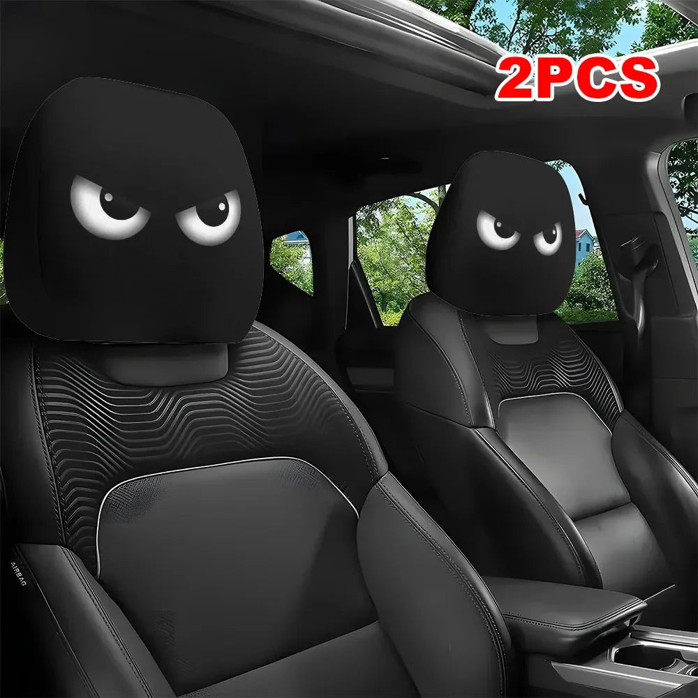 2PCS Funny Slanted Eyes Cartoon Print Car Headrest Cover for Halloween Christmas Holiday Automobile Interior Decoration