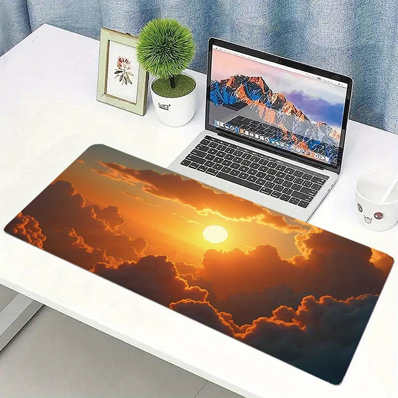 Extra-Large Vibrant Sunset Desk Mat with Aesthetic Clouds | 35.4x15.7 Inch Non-Slip Rubber Base Keyboard Pad | Smooth Surface fo