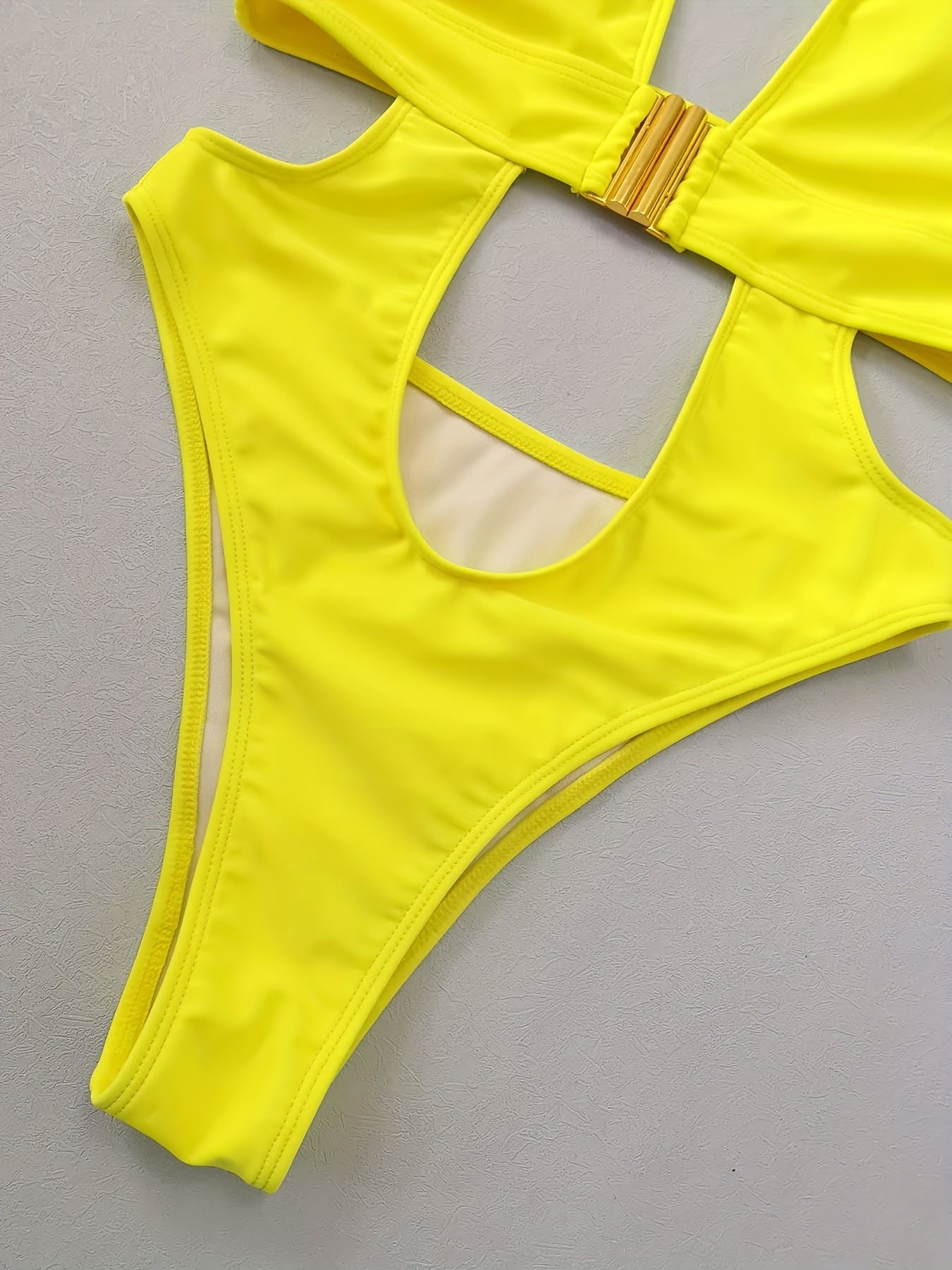 Solid Color Sexy One-piece Swimsuit, Halter Neck Buckle Design High Cut Bathing Suits, Women's Swimwear & Clothing