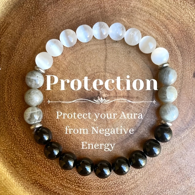 1pc Black Tourmaline & Labradorite Crystal Bracelet, Healing Energy Protection Jewelry, Adjustable Size, Anxiety & Negative Energy Shield