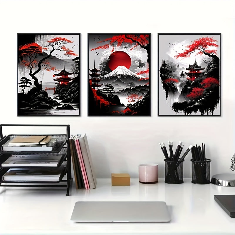 Japanese Natural Landscape Canvas Painting 3pcs - Frameless Black and Red Vintage Ink Art Posters for Living Room Bedroom Home Decor No Frame