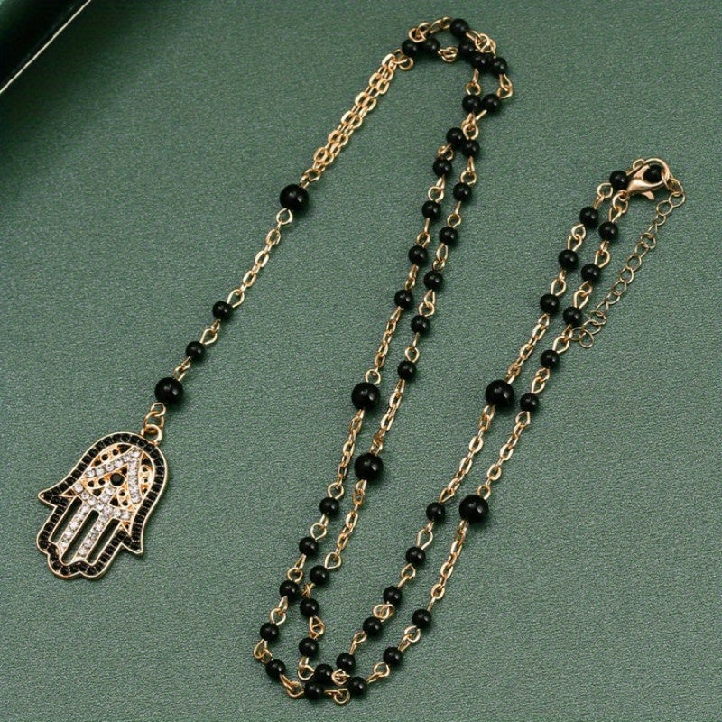 1 Pcs Fatima Hamsa Hand Pendant Necklace For Men., Black Beads Long Chain Evil Eye Necklace For Women And Men, Jewelry Lucky Eye