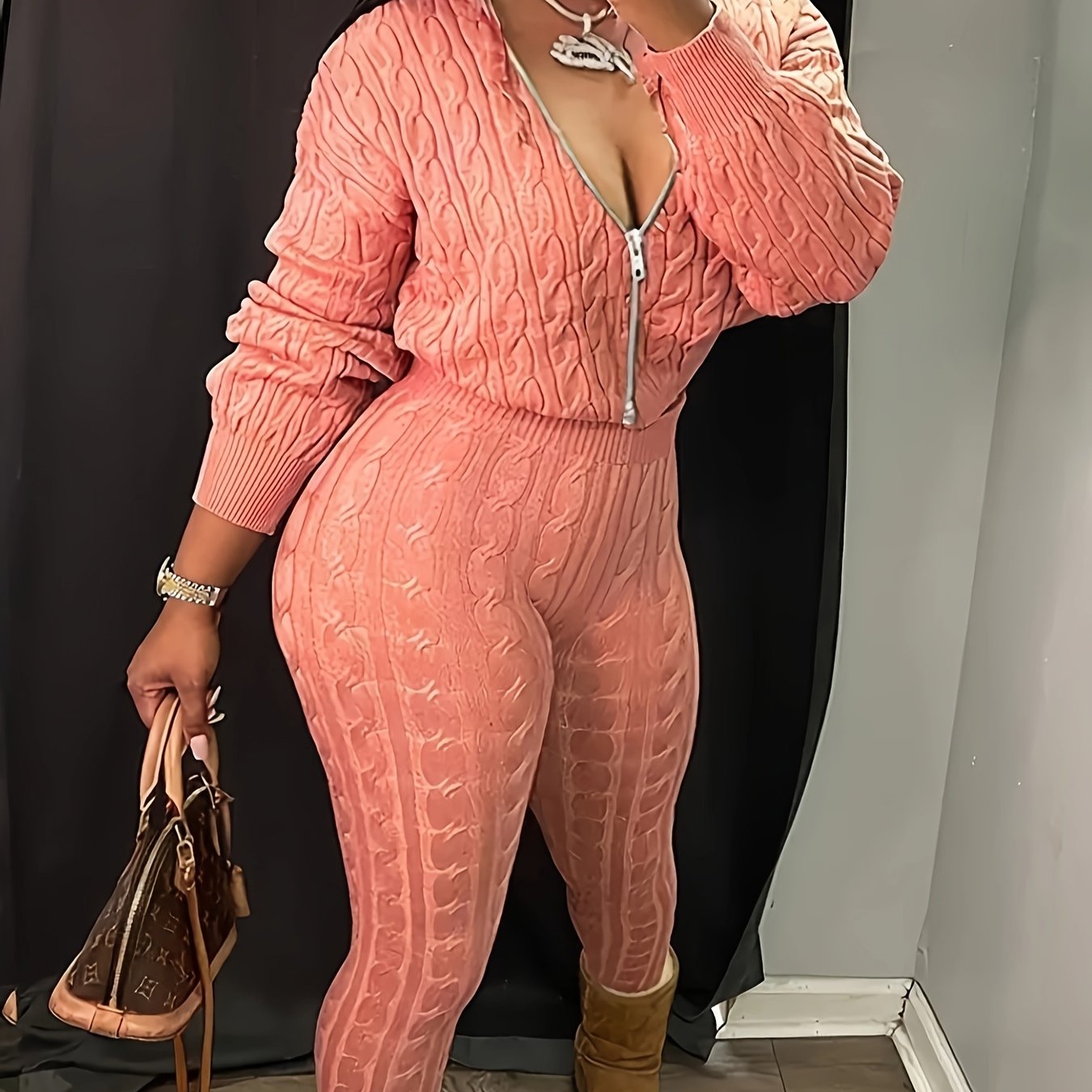 Solid Knitted Two-piece Set, Long Sleeve Zip Up Hooded Cardigan & Elastic Waist Pants Outfits, Women's Clothing
