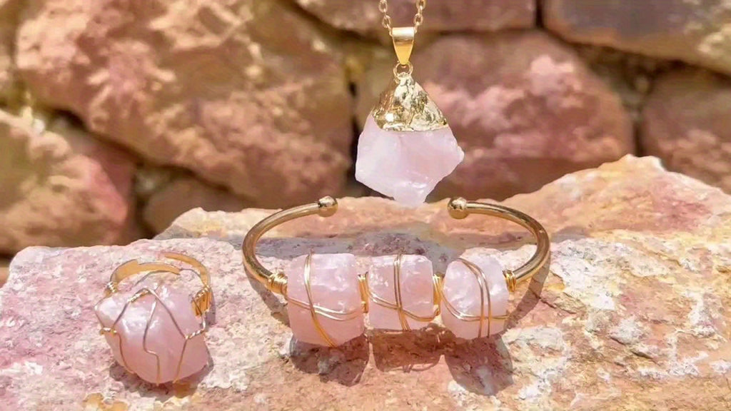 3pcs/Set Of Vintage Bohemian Style Cuff Bracelet Set with Natural Pink Crystal Necklace and Open Ring Jewelry - Perfect Gift for Thanksgiving/Christmas, Wedding Vocation Jewelry Set for Your Lover