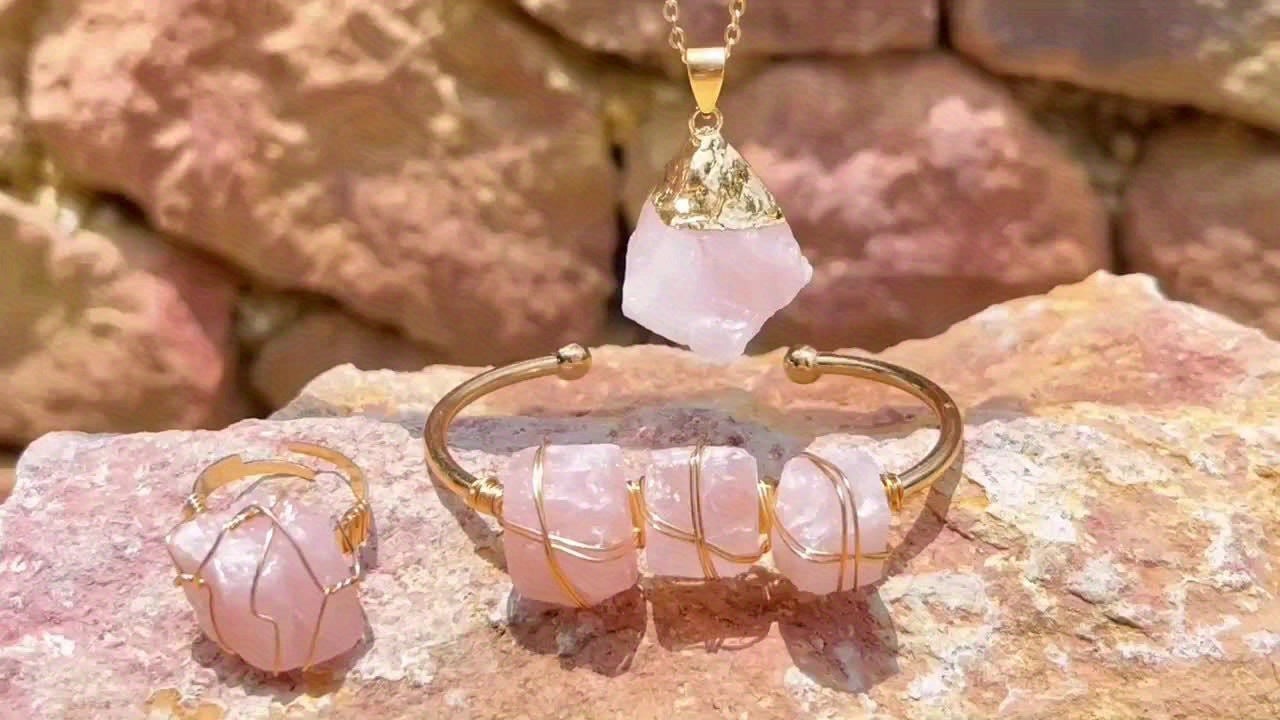 3pcs/Set Of Vintage Bohemian Style Cuff Bracelet Set with Natural Pink Crystal Necklace and Open Ring Jewelry - Perfect Gift for Thanksgiving/Christmas, Wedding Vocation Jewelry Set for Your Lover