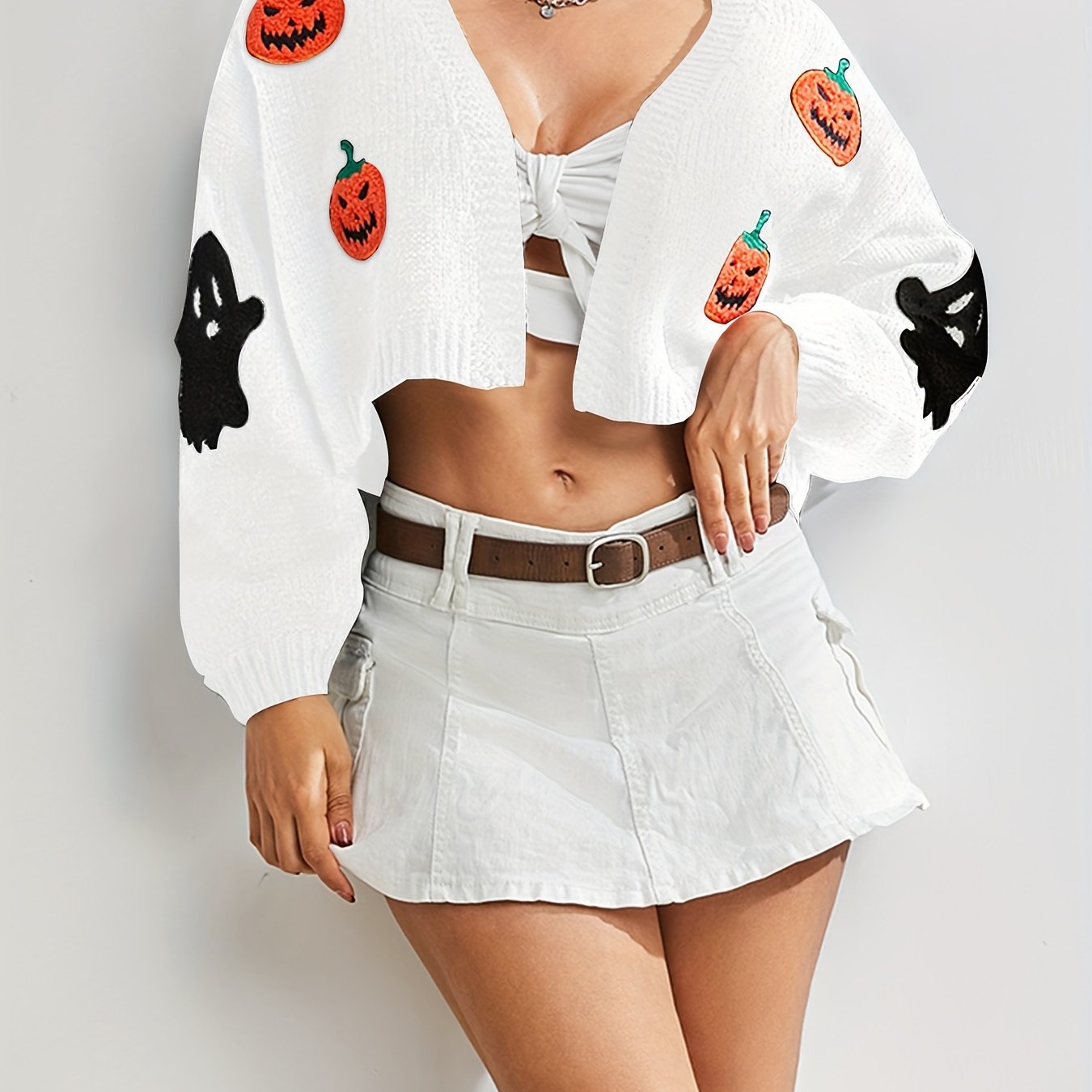Trendy Halloween Pattern Open Front Knit Cardigan - Soft & Comfortable Long Sleeve Crop Sweater for Women - Perfect Autumn Casual Wear