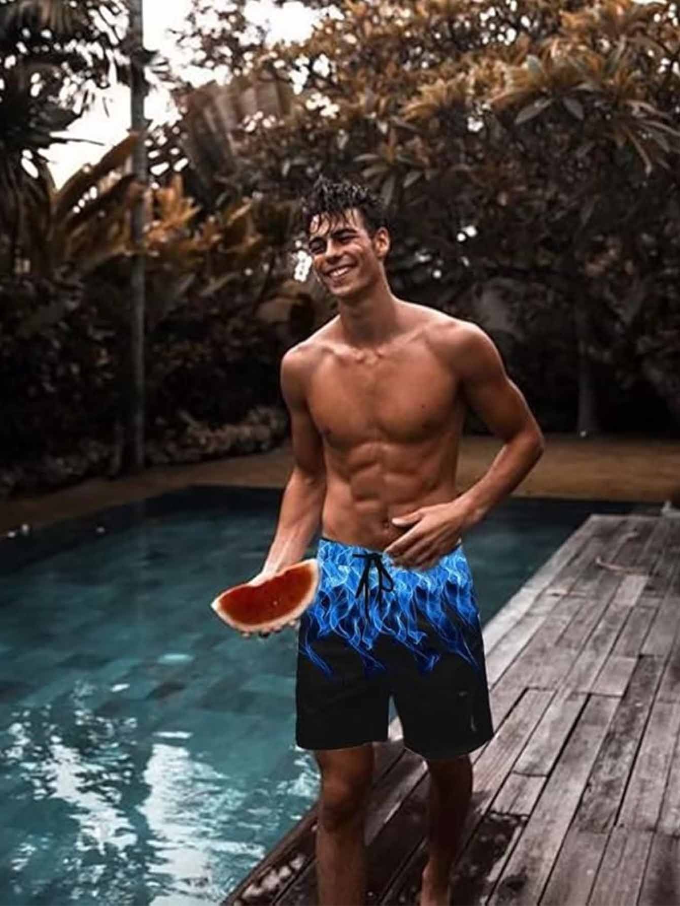 Men's Summer Beach Shorts with Blue Light Rayleigh 3D Flame Print - Breathable Quick-Dry Fabric, Relaxed Fit & Drawstring Pockets - Soft Comfortable Casual Swim Trunks for Outdoor Vacations, Bathing Suits, Breathable Fabric