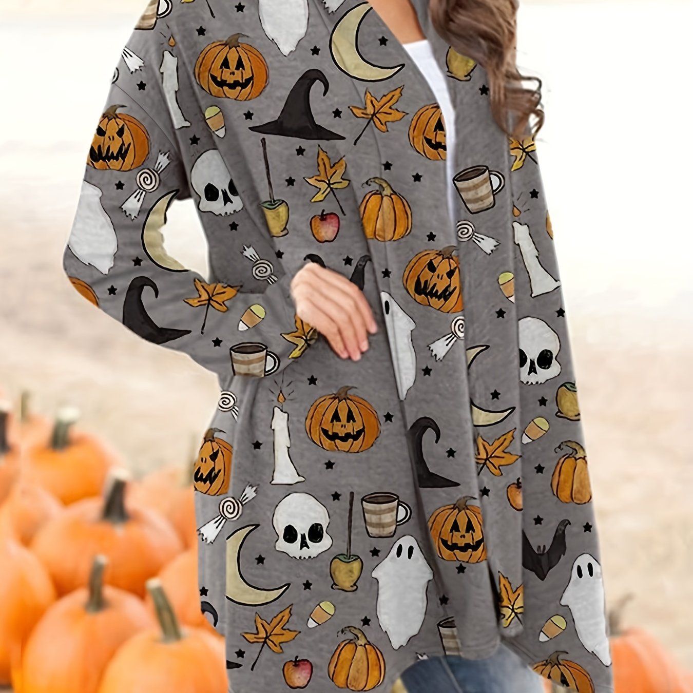 [Halloween] Plus Size Womens Cartoon Pumpkin & Skull Print Long Sleeve Open Front Sweater Cardigan - Soft, Cozy, and Spooky Halloween Fashion - Perfect for Autumn and Holiday Parties