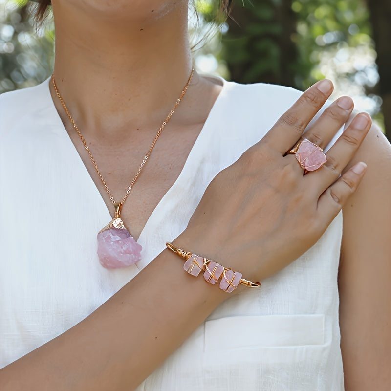 3pcs/Set Of Vintage Bohemian Style Cuff Bracelet Set with Natural Pink Crystal Necklace and Open Ring Jewelry - Perfect Gift for Thanksgiving/Christmas, Wedding Vocation Jewelry Set for Your Lover