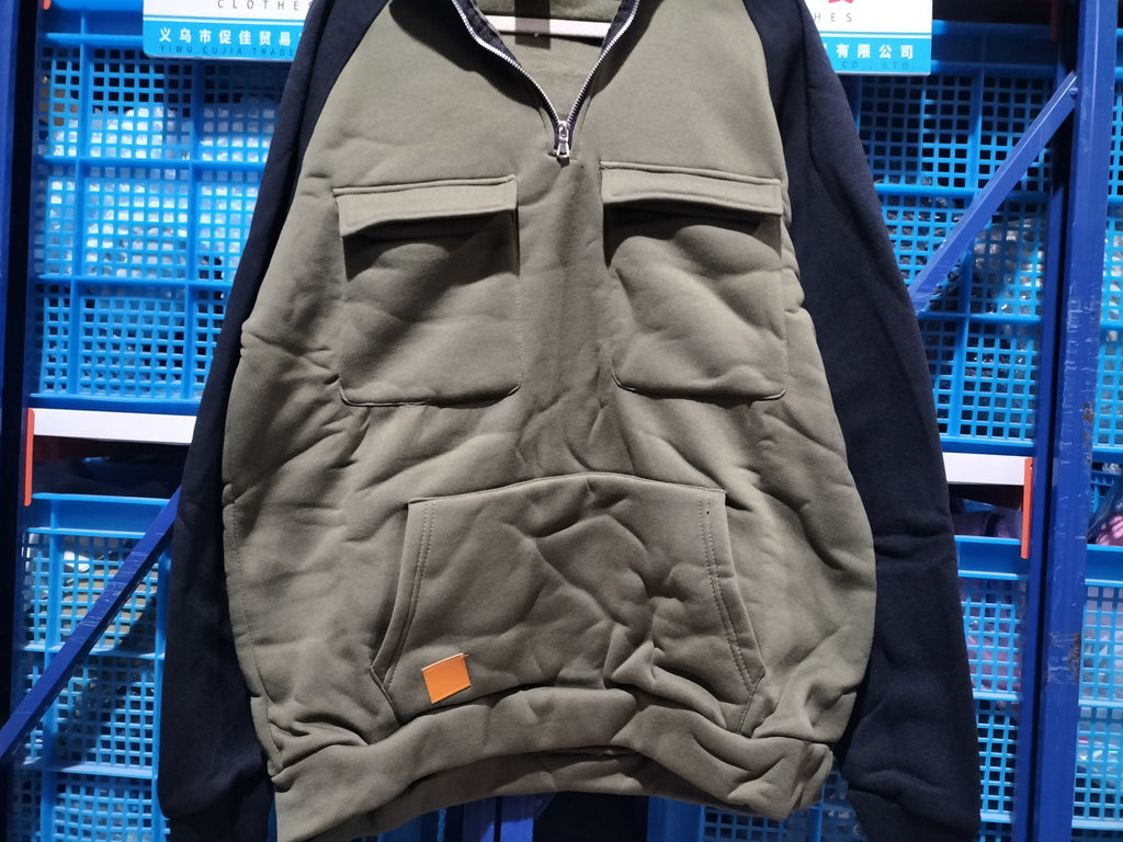 Fall Winter Retro Cargo Hoodies Men's Half Zipper Solid Warm Fleece Sweatshirts Multi Pockets Male Hooded Jackets Thick Outdoor Hooded