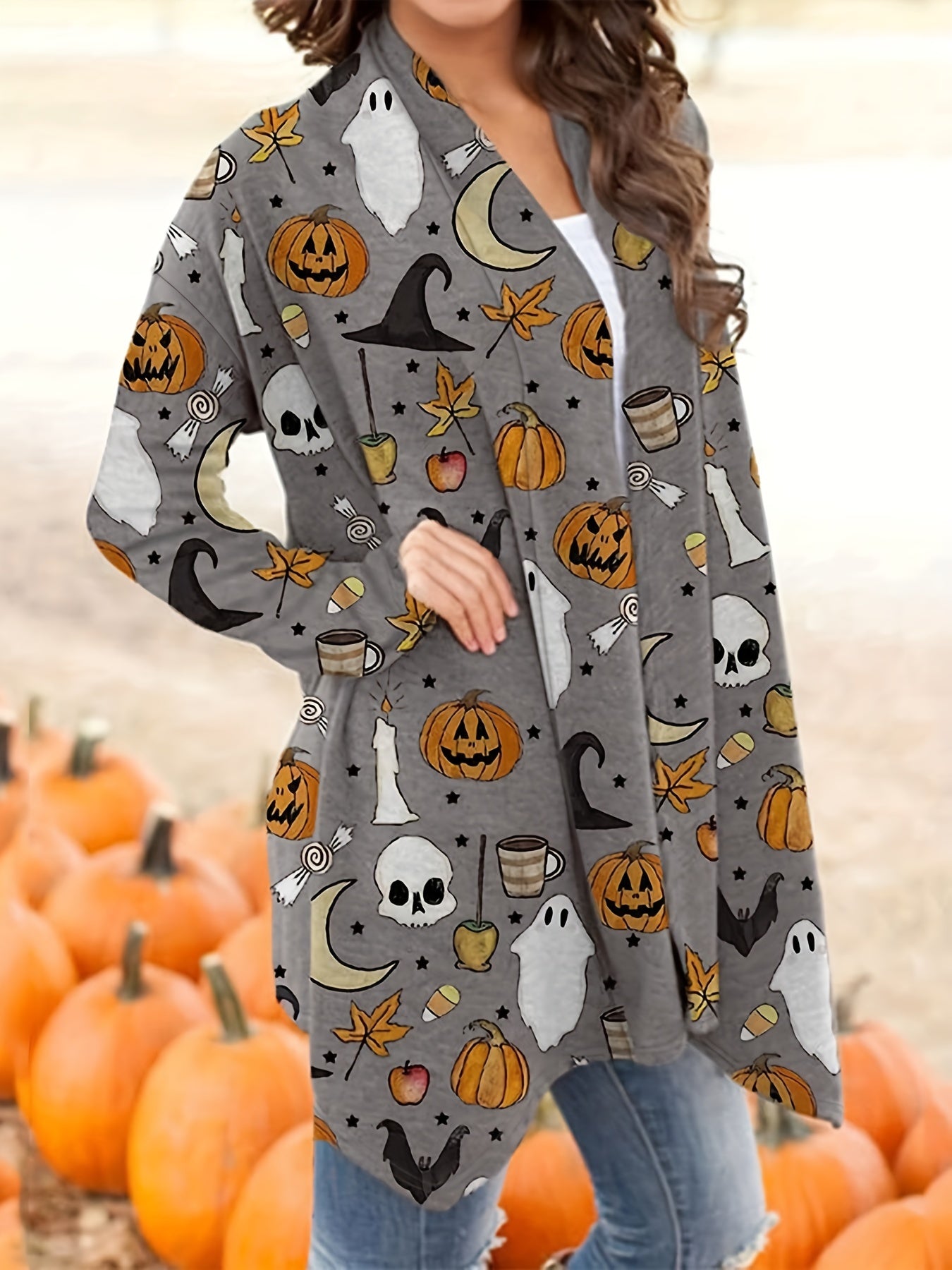 [Halloween] Plus Size Womens Cartoon Pumpkin & Skull Print Long Sleeve Open Front Sweater Cardigan - Soft, Cozy, and Spooky Halloween Fashion - Perfect for Autumn and Holiday Parties