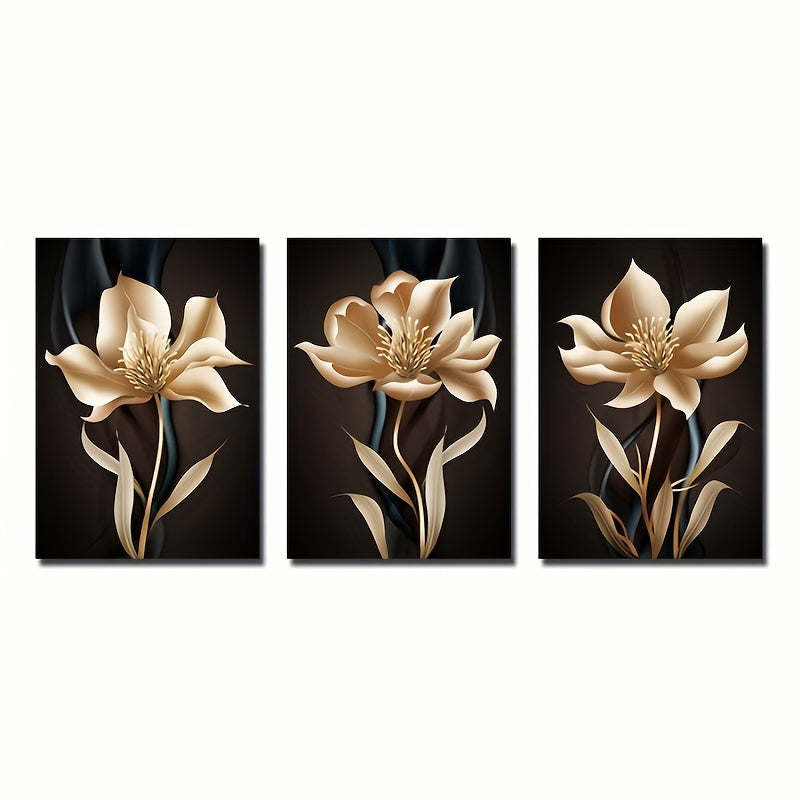 3pcs Frameless Modern Abstract Black and Golden Flower Canvas Painting Wall Art for Living Room Decor - Eye-Catching and Stunning