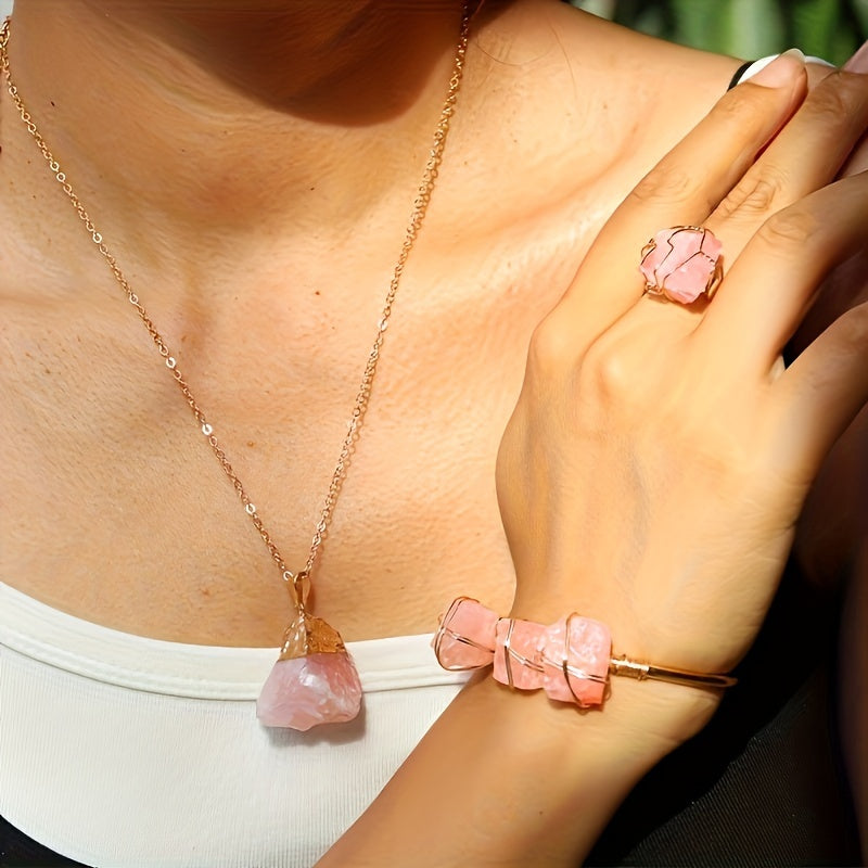 3pcs/Set Of Vintage Bohemian Style Cuff Bracelet Set with Natural Pink Crystal Necklace and Open Ring Jewelry - Perfect Gift for Thanksgiving/Christmas, Wedding Vocation Jewelry Set for Your Lover