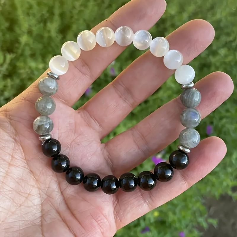 1pc Black Tourmaline & Labradorite Crystal Bracelet, Healing Energy Protection Jewelry, Adjustable Size, Anxiety & Negative Energy Shield