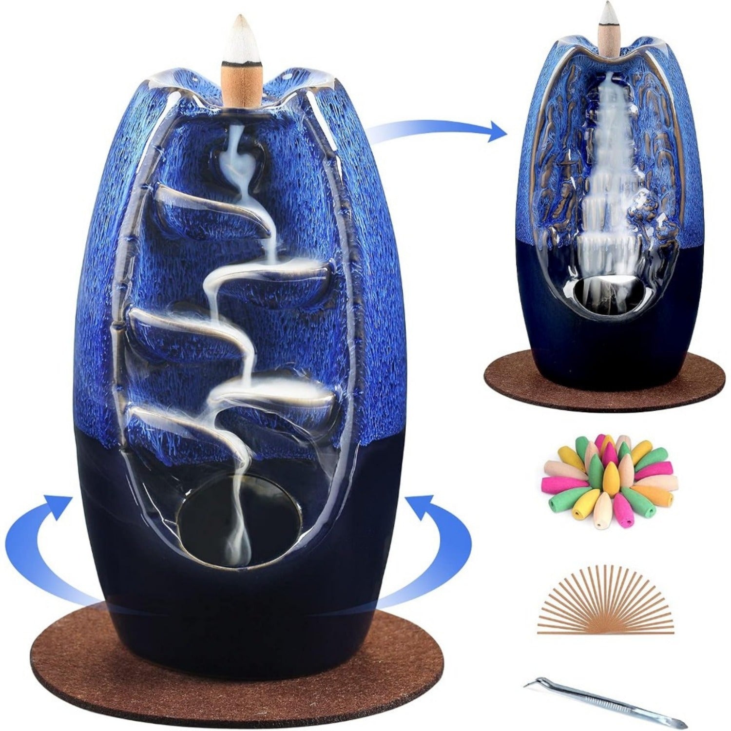 1pc SOLEJAZZ Ceramic Counter Current Incense Burner, Dual-Sided Waterfall Design, 120 Cones & 30 Sticks, Aromatherapy Home Decor, Navy Blue, No Electricity Needed