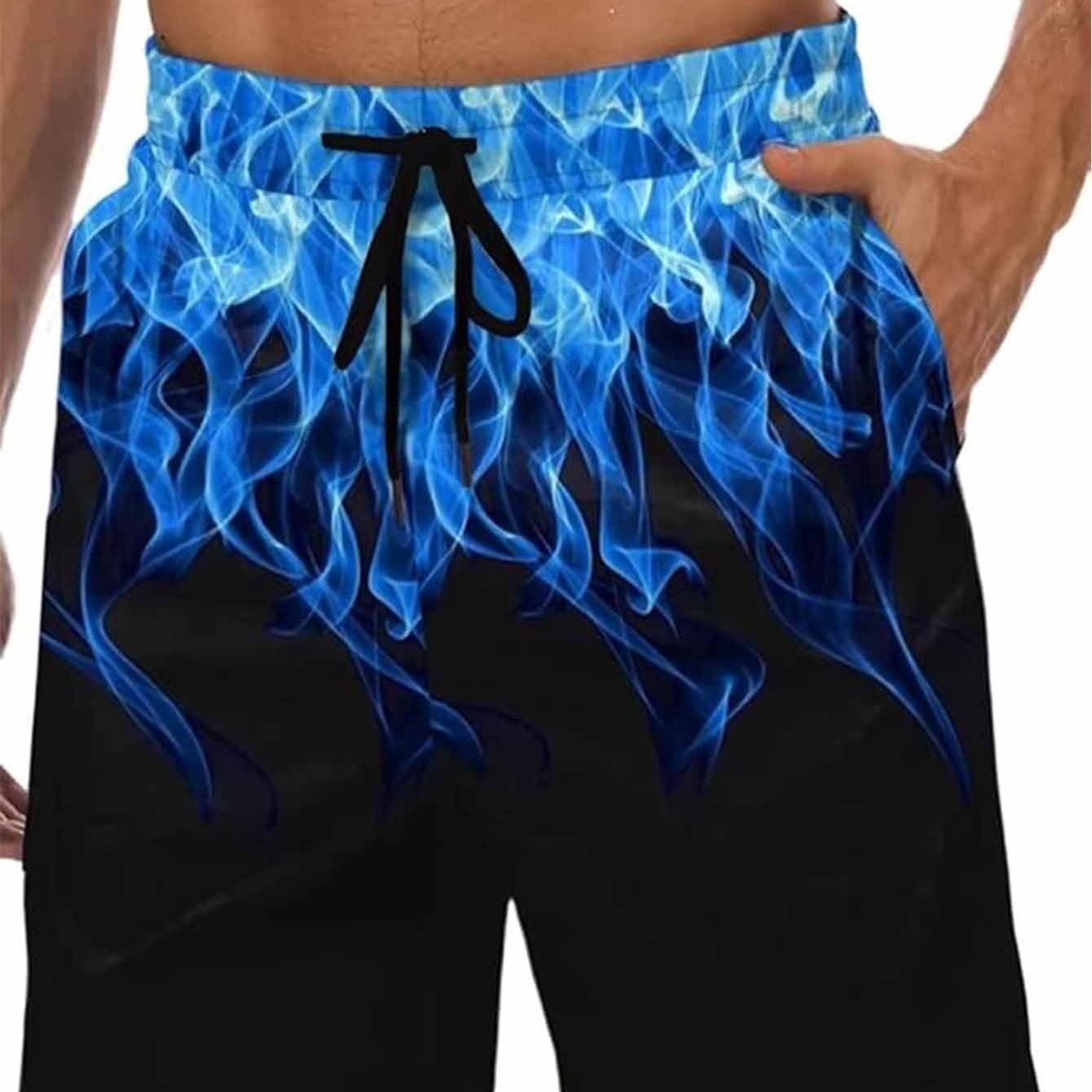 Men's Summer Beach Shorts with Blue Light Rayleigh 3D Flame Print - Breathable Quick-Dry Fabric, Relaxed Fit & Drawstring Pockets - Soft Comfortable Casual Swim Trunks for Outdoor Vacations, Bathing Suits, Breathable Fabric