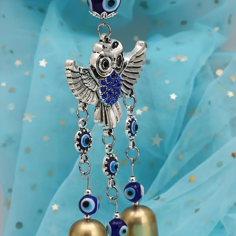 Vintage Evil Eye & Owl Wind Chime - Handcrafted Metal Decor With Three Bells For Home, Garden, And Office Bells For Crafts