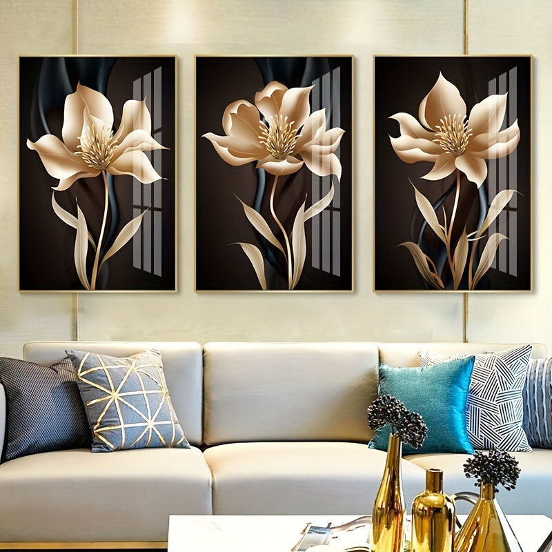 3pcs Frameless Modern Abstract Black and Golden Flower Canvas Painting Wall Art for Living Room Decor - Eye-Catching and Stunning
