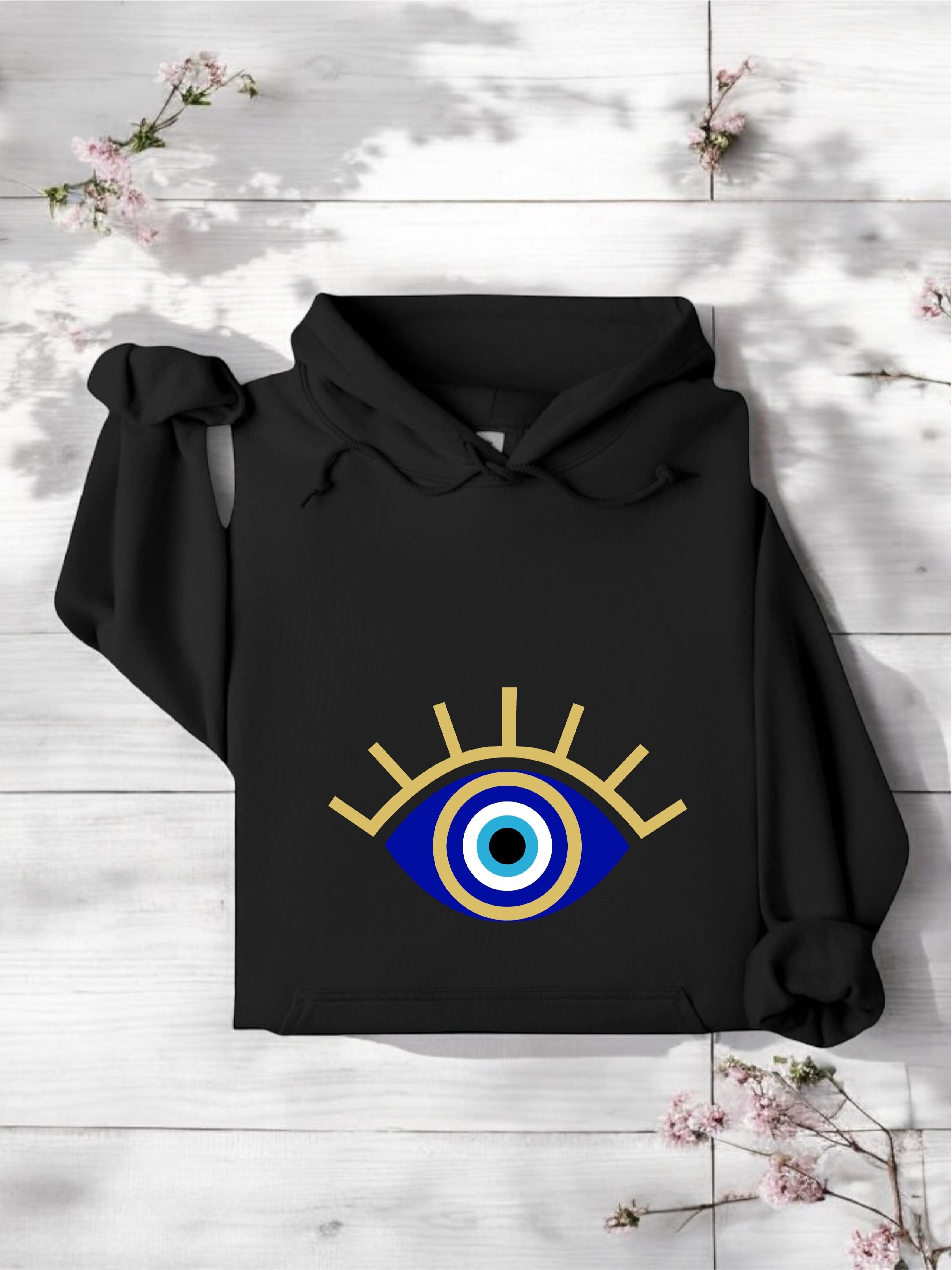 AT-121 Evil Eye Hoodie, Spiritual Protection Hoodie, Best Friend Gift, Birthday Gift For Mom Sister, Mystical Travel Hoodie, Santorini Evil Eye Gift, Positive Hoodie