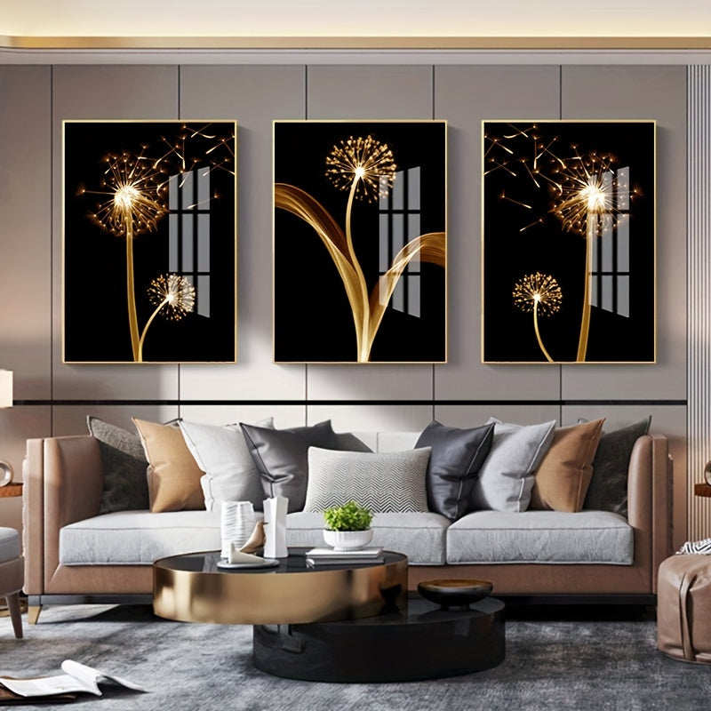 3pcs Golden Abstract Taraxacum Luxury Wall Art Canvas Painting, 15.7*23.6in/40cm*60cm, For Living Room Cuadros Decor, No Frame