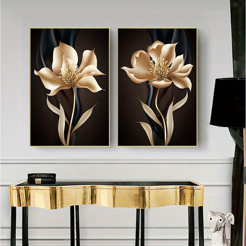 3pcs Frameless Modern Abstract Black and Golden Flower Canvas Painting Wall Art for Living Room Decor - Eye-Catching and Stunning