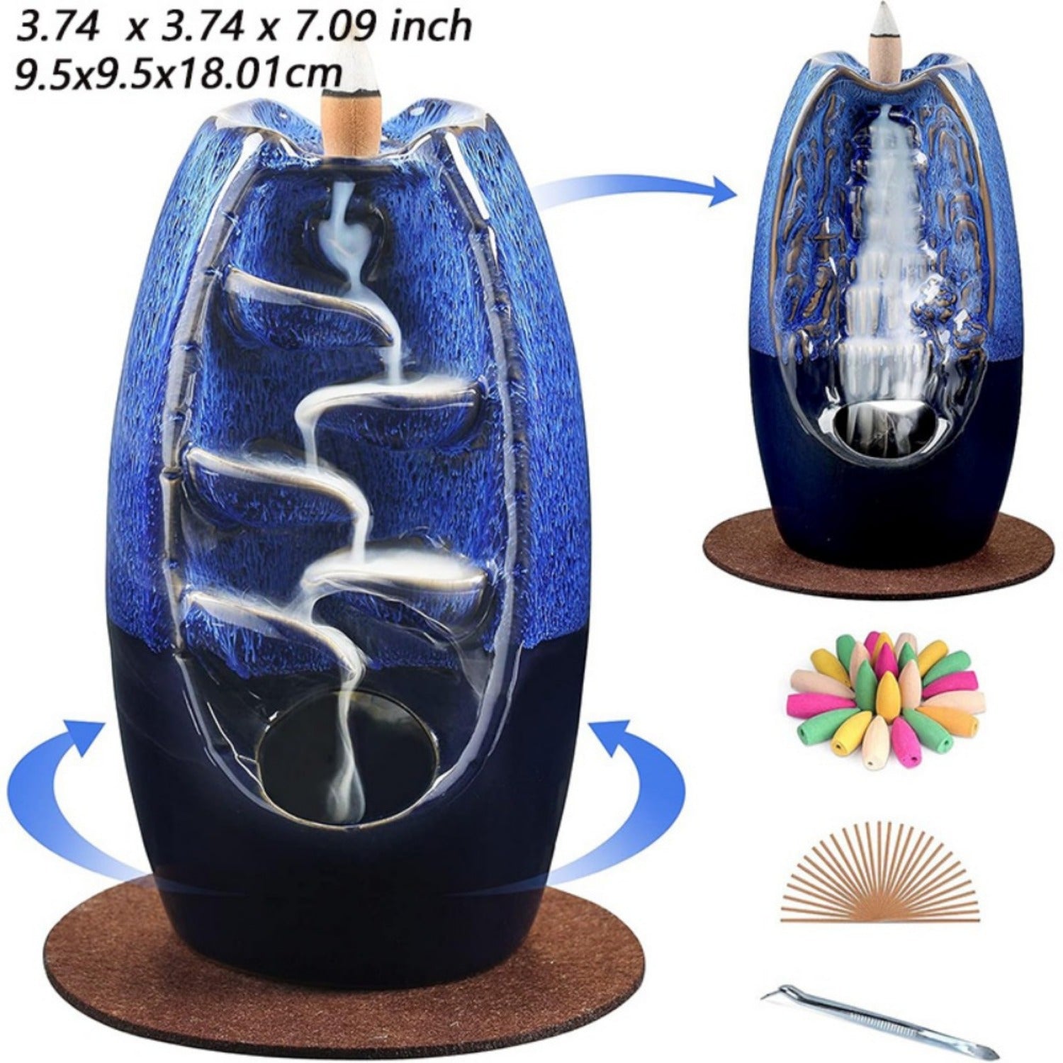 1pc SOLEJAZZ Ceramic Counter Current Incense Burner, Dual-Sided Waterfall Design, 120 Cones & 30 Sticks, Aromatherapy Home Decor, Navy Blue, No Electricity Needed